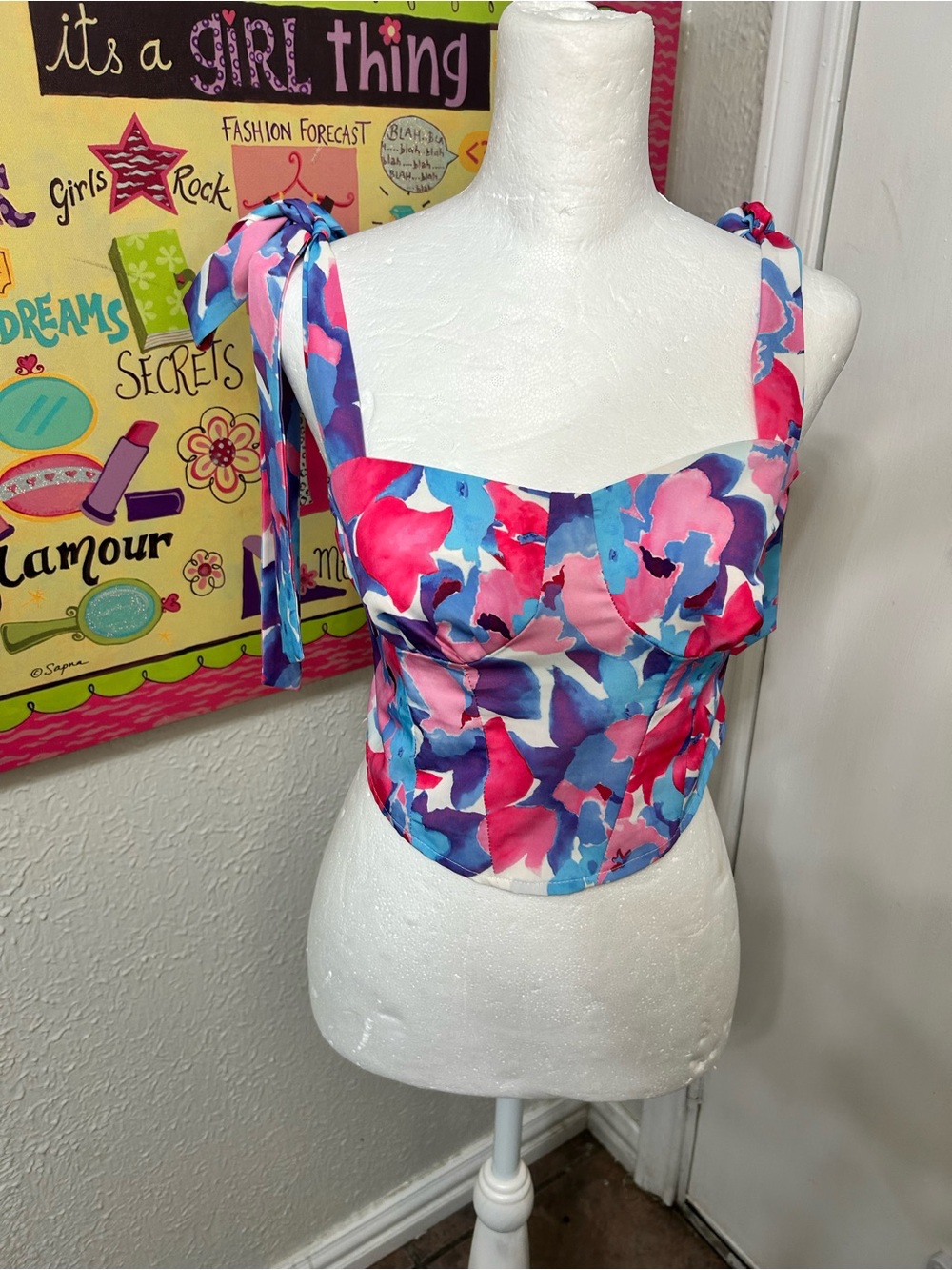 SHEIN Pink & Blue Floral Tie-Shoulder Bustier Camisole
